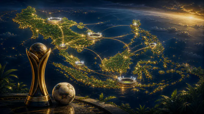 Southeast Asian stadiums linked by golden routes behind a football trophy