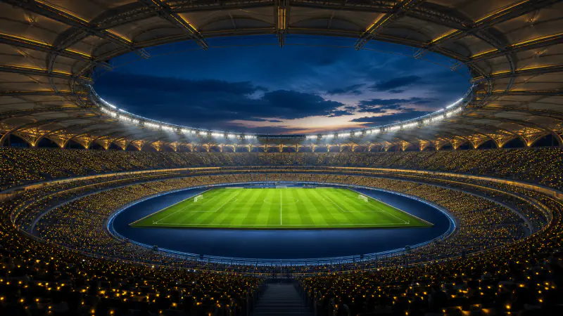 Panoramic interior of a vast Malaysian stadium bowl glowing at blue hour