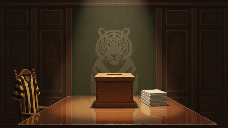 Wooden ballot box and a stack of voting papers on a congress table, a yellow and black jersey on a chair and a tiger silhouette behind