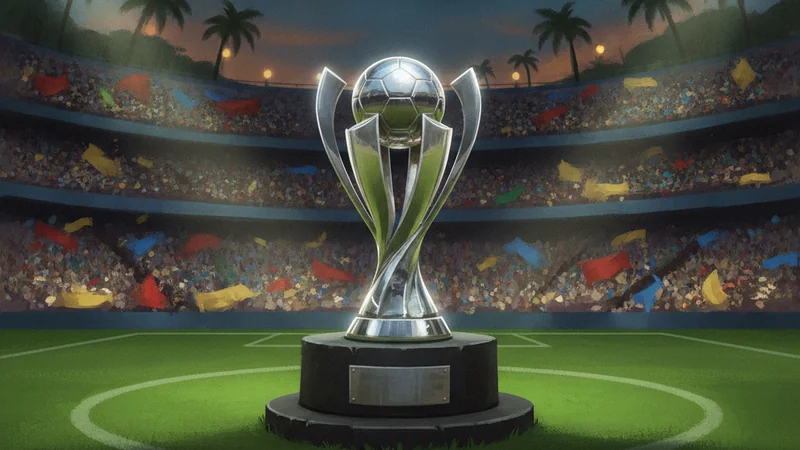 Silver football trophy on a plinth at the centre circle of a floodlit stadium with colourful banners in the packed stands