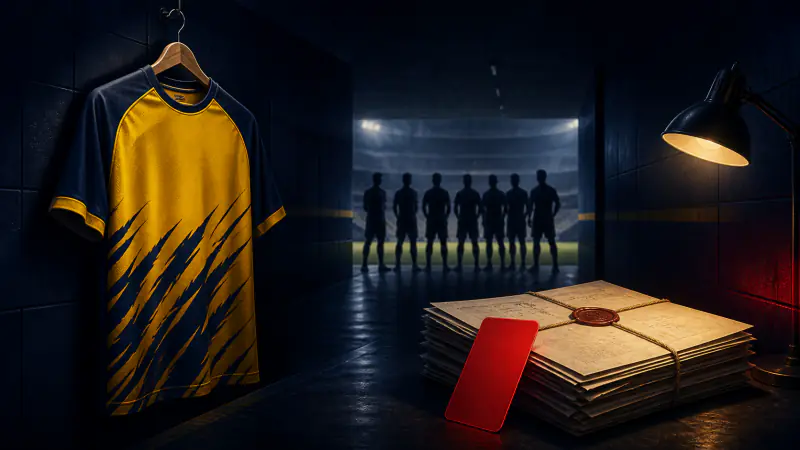 Yellow football jersey, sealed case documents and seven shadowed players in a stadium tunnel