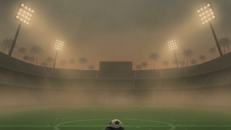 Football stadium pitch shrouded in grey-orange haze at dusk with floodlights glowing dimly and a lone ball on the centre spot