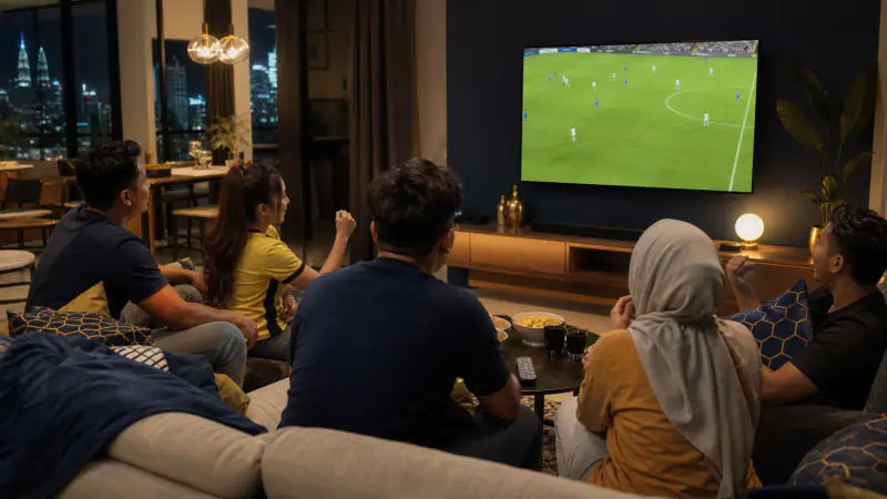 Friends watching a live football match together in a Kuala Lumpur apartment