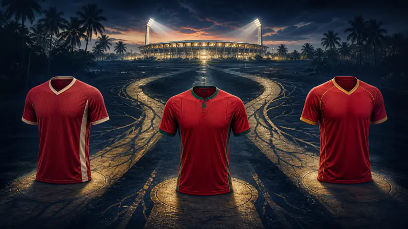 Three different red football jerseys on branching golden paths leading to one stadium