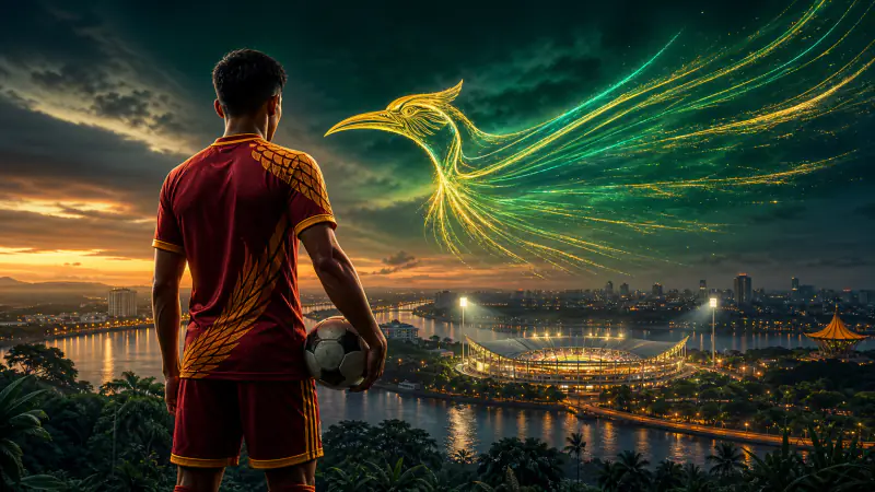 Footballer in crimson overlooking a riverside stadium beneath a luminous hornbill motif