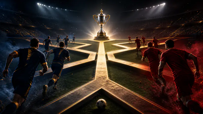 Two football teams racing along illuminated knockout paths toward a cup