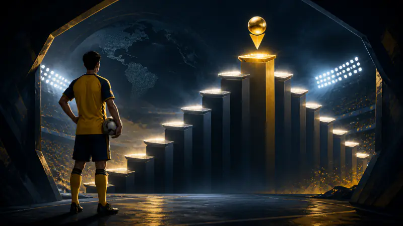 Malaysian footballer facing illuminated ranking columns inside a floodlit stadium