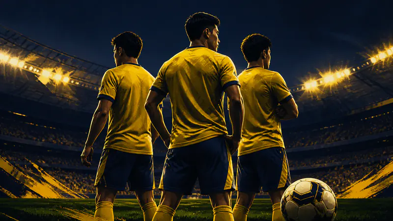 Three Malaysian footballers in yellow and navy kits standing together under stadium floodlights