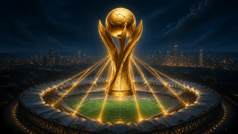 Original golden league trophy rising above a floodlit Malaysian football stadium
