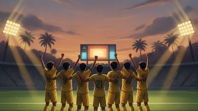 Seven young footballers in yellow kits seen from behind raising their arms under floodlights at dusk, palm trees and a glowing scoreboard beyond