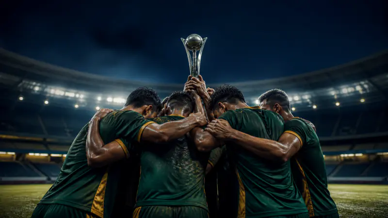 Underdog football team in green huddling beneath a silver trophy under stadium lights