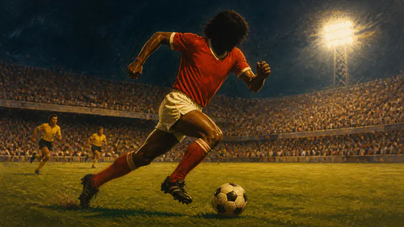 Vintage illustration of a Malaysian striker in red accelerating with the ball under stadium lights