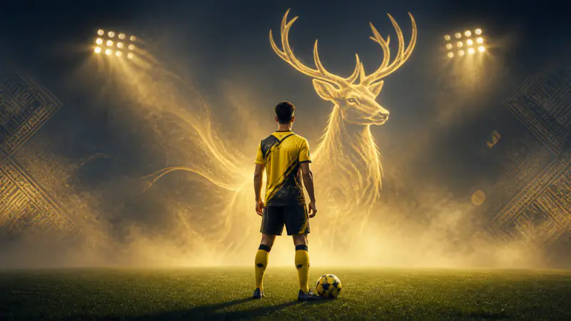Footballer in yellow and black facing a golden deer formed from stadium light