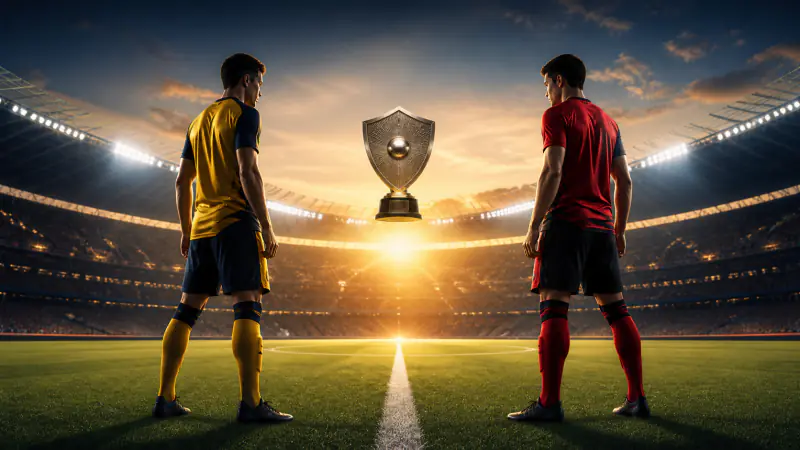Football captains in yellow and red facing a shield trophy at sunrise