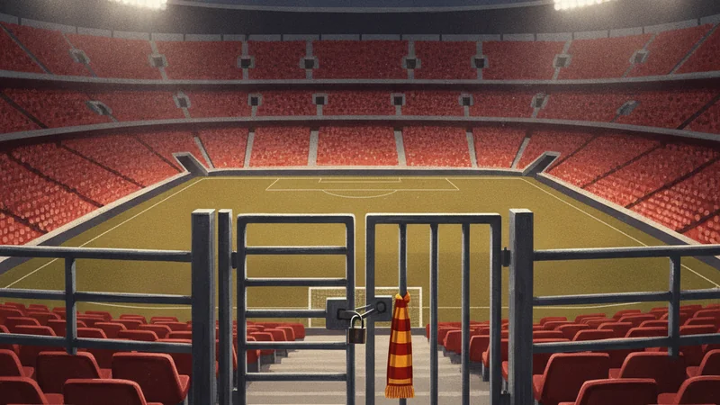 Empty floodlit stadium of red seats seen through a locked turnstile gate with a red and yellow scarf tied to the railing