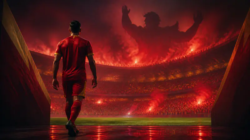 Footballer in red and gold entering a packed red-lit stadium beneath a giant supporter shadow