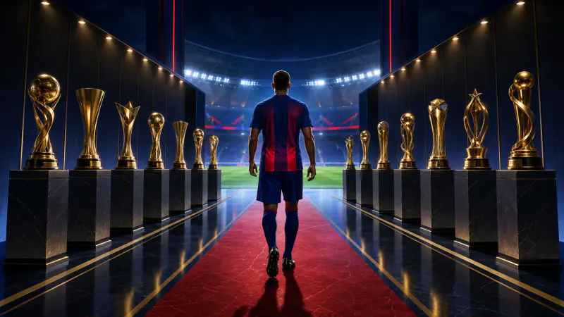Footballer in blue and red walking through a long trophy gallery toward a modern stadium
