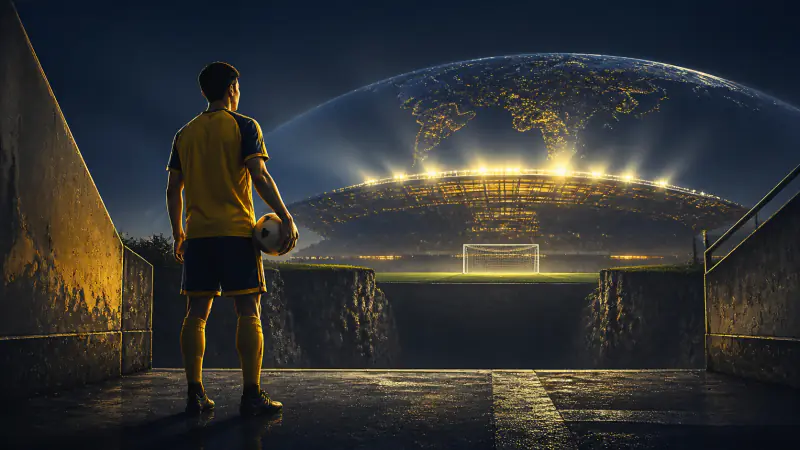 Malaysian footballer looking across a symbolic gap toward a distant global stadium